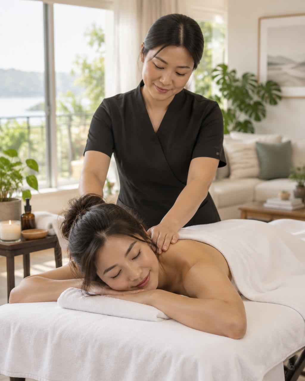 Massage therapist giving a relaxing back massage in a bright home living room